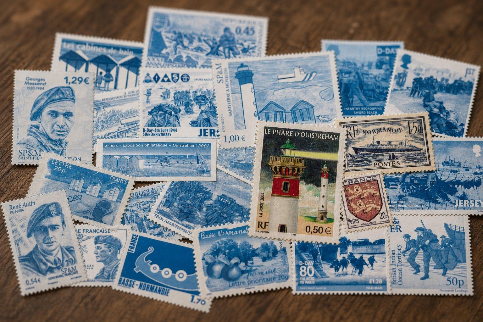 Composition de timbres virés en bleu — Sword Beach, les cabines de bain, le paquebot Normandie — dont ressortent en couleur « Le Phare d'Ouistreham » (La Poste, 2004) et le blason de Normandie